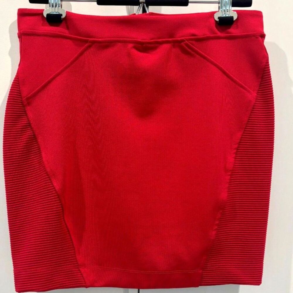 French Connection Ribbed Paneled Moto Mini Skirt US 10 Red Stretch Bodycon